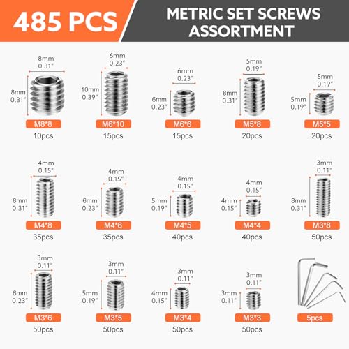 Hapric D8895K-11-N 485 Pcs 14 Size Set Screw Assortment Kit M3/M4/M5/M6/M8 Head Socket Hex Metric Set Screws Assortment Kit 304 Stainless Steel Cup-Point Screws thumb #1