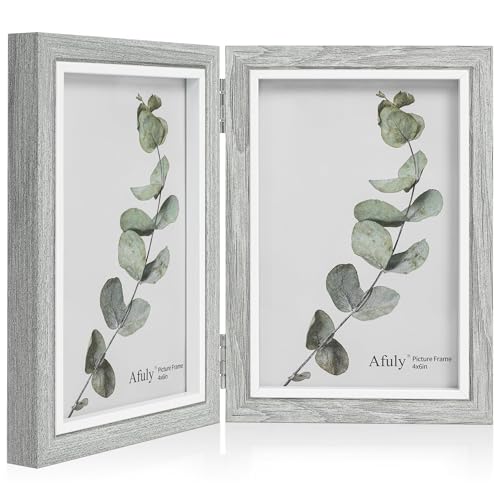 Afuly 4x6 Picture Frame Double Picture Frames 4 by 6 Grey Hinged Photo Frames Modern Wooden Frame Desk Vertical 2 Openings Display Gifts for Chirstmas Wedding Birthday Grandma Women Mom Friends