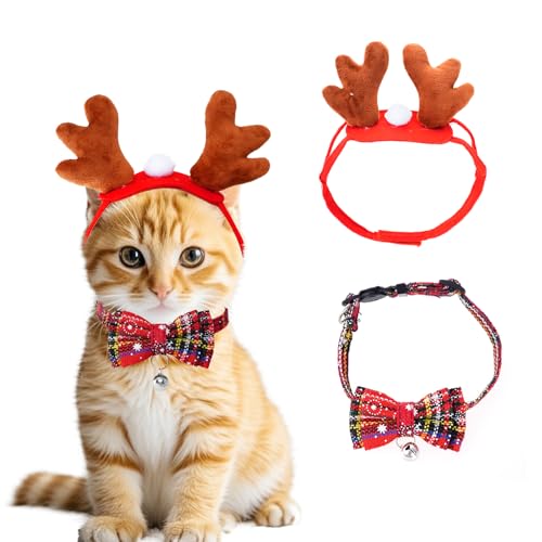 Haakong Cat Christmas Costume Reindeer Headband and Collar for Small Cat Dog Christmas Halloween Party Cosplay Supplies (Red Christmas)