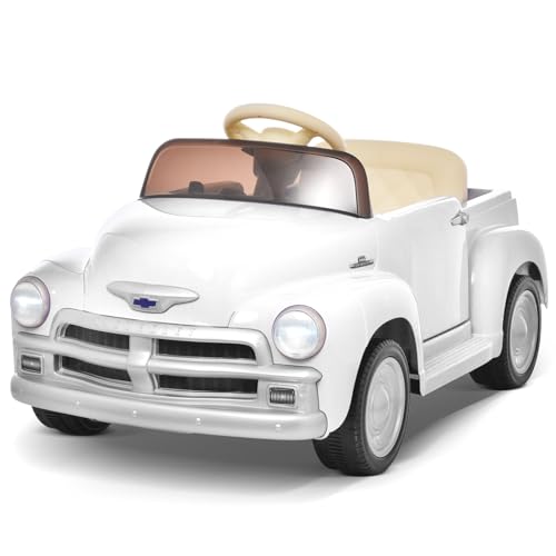 Image of Joywhale 12V Kids Ride on Car Licensed Chevrolet 3100 Pickup Battery Powered Motorized Electric Car, with 7AH Big Battery, 2.4G Remote Control, 3-Speeds, Storage Space, Music, Retro Style, White