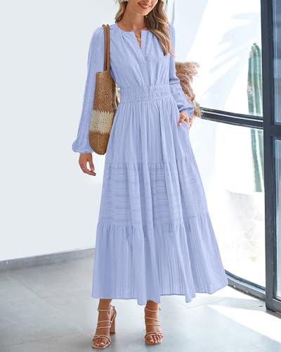 BTFBM Fall Dresses for Women 2025 Casual Long Sleeve V Neck Elastic Waist Lightweight Maxi Wedding Guest Dress Pockets
