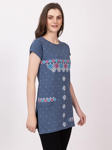 Image of Women Printed Cotton Tshirt with Side Slits & Pocket