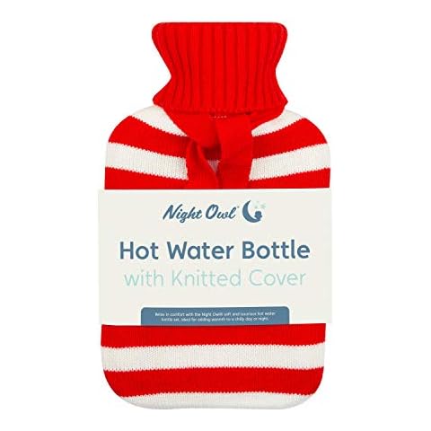 Night Owl 60819 Hot Water Bottle with Red and White Stripe Knitted Cover / 32.5cm / 2 Litre Capacity / Provides Warmth and Pain Relief Cover