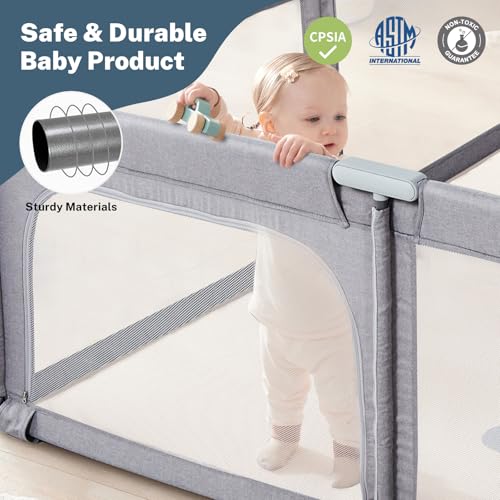 Image of Baby Playpen Portable, Pre-Assembled Play Pen 71x79 Large Foldable Playpen for Babies and Toddlers, Sturdy and Safe Toddler Play Yard Indoor Outdoor with Carry Bag,Light Grey
