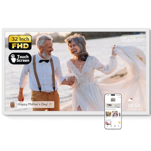 Image of NexFoto 32 Inch Touchscreen Large Digital Picture Frame, 64GB WiFi Electronic Photo Frame, Add Photos from Google Photos, Share Videos via APP /USB, Gifts for Mom /Grandparents /Birthday /Wedding, White