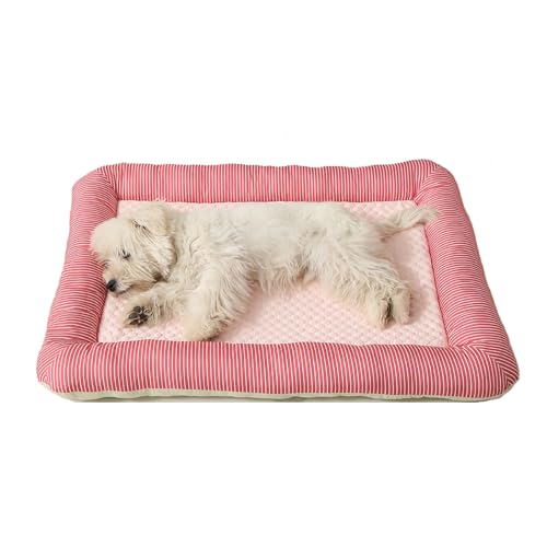 Cooling Dog Bed, Pet Mat with Quilted Design, Cooling Bed for Cats, Striped Border (Pink, Small)