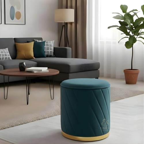 Image of Premium Velvet Ottoman Stool | Modern Round Pouffe with Gold Base | Multipurpose Seating | Living Room & Bedroom Decor (Aqua Set of 2)