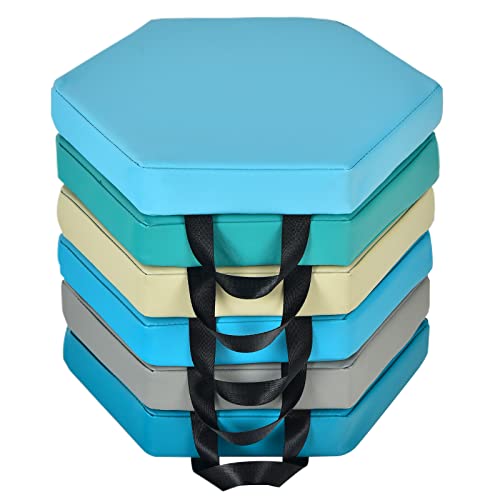 LIFEZEAL Juego de 6 para Silla Infantil, Cojines de Suelo Espuma y Poliuretano, Apilables con Asa, 38x34x5 cm, Interior/Exterior, Hexagonales (Azul + Multicolor)