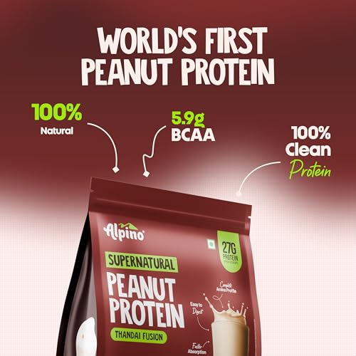 Image of Alpino Supernatural Peanut Protein Powder, Thandai Fusion, 27g Protein per Scoop, 5.9g BCAAs, 0 Added Sugar, 1kg