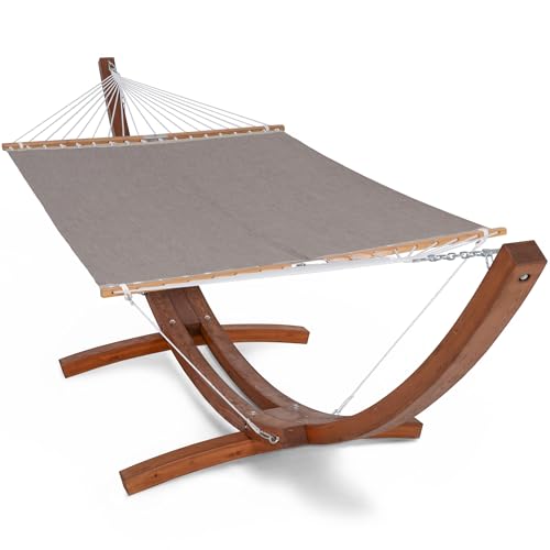Image of SUNCREAT Quick Dry Hammocks Standing Backyard Hammock with Stand, 2 Person Heavy Duty Hammock with 13.5 ft Wooden Stand, Brown
