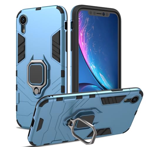 RIIMUHIR Funda para iPhone XR, Antigolpes Carcasa, Protectora con Soporte Metálico de 360°, Protección Caso Cuerpo Completo con Lente Cámara (Azul)
