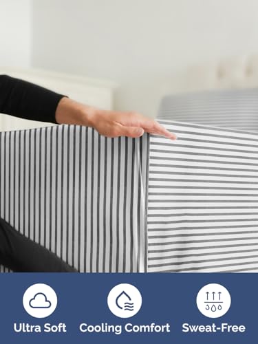 Image of Extra Deep Twin Fitted Sheet - Single Fitted Sheet Only - Grey Stripes | Easily Fits 18 inch to 24 inch Mattress, Soft, Wrinkle Free, Breathable & Comfy, Extra Deep Pockets Hotel Luxury Fitted Sheet