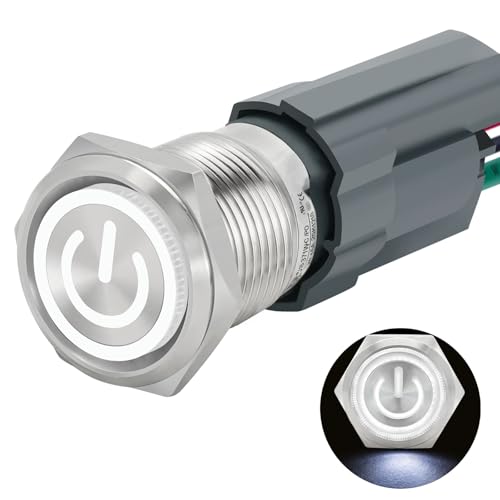 Image of UL Listed 15Amp 16mm Latching Push Button Switch 12V-24VDC IP67 Waterproof; SPST 1NO, with LED Angel Eye Light; Stainless Steel 304 with Wire Socket White