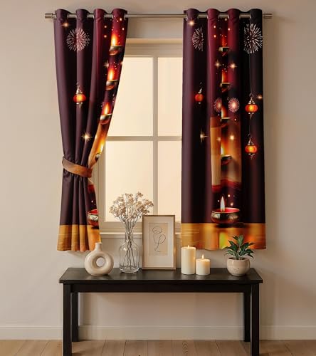 Image of Ultimate Trends Festival Themed Light Filtering Polyester Curtain Diya, Lantern, Lotus & Fireworks Print | Ideal for Diwali, Pooja Room, Living Room Dcor | Eyelets|, 6 FEET (Pack of 2)