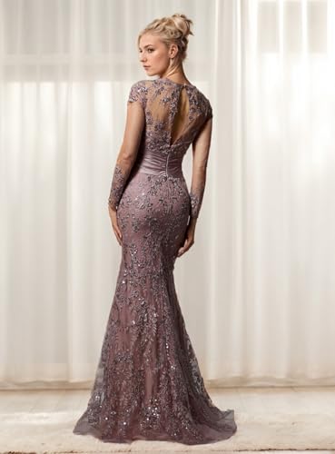 2025 Elegant Mermaid Trumpet Mother of The Bride Dress Scoop Neck Sweep Brush Train Long Sleeves Ruched Evening Dress3