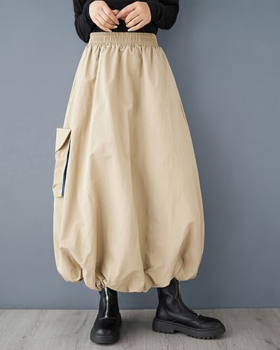 ellazhu Women's Skirt Loose Oversize Elastic Waist Casual Mid Length Solid Side Pocket GZ3453