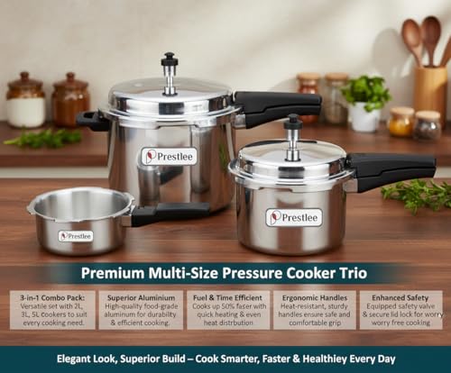 Image of Prestlee Aluminium 2, 3, 5 Litres Pressure Cooker | Outer Lid | Faster & Healthy Cooking | Gas Stove Compatible | ISI Certified | 5 Years Manufacturer's Warranty | Silver