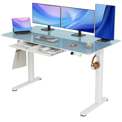 Image of INNOVAR Glass Standing Desk with Drawers 55x24 Inch Morandi Blue