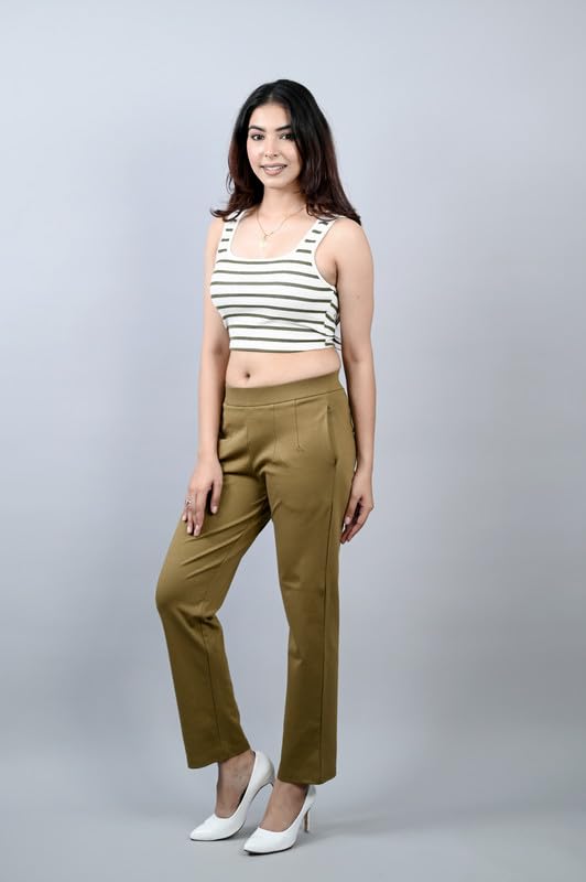 Image of Mlada Straight Fit Cigarette Pencil Pants Elastic Waist Band Mid High Waist Formal Office Trousers for Women, Pockets for Travel Stretch Cotton Knit Full Length Regular /Plus Size