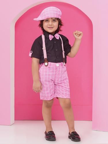 Image of AJ DEZINES Kids Clothing Cotton Blend Checkered Printed Shirt Shorts With Cap and Suspenders Set for Boys
