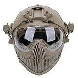 Integrated Tactical PJ Helmet with Removable Mask and Goggles for Airsoft Paintball CS(Brown,M: 20.4-23.6in)