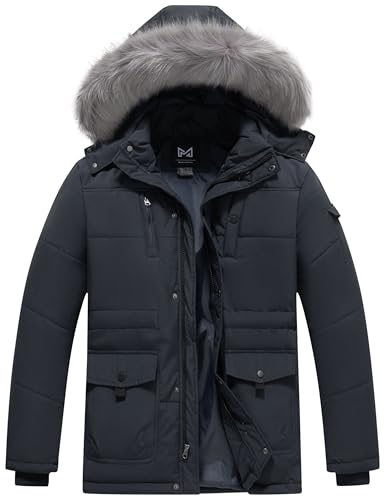 KVE Men's Hooded Warm Coat Thickened Padded Heavyweight Winter Parka Jacket with Detachable Fur Hood Dark Grey XL