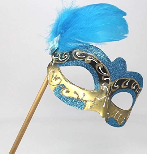 LADIES TURQUOISE WHITE & GOLD VENETIAN MASQUERADE HALLOWEEN CARNIVAL PARTY EYE BALL FEATHER MASK ON A STICK - Image 3