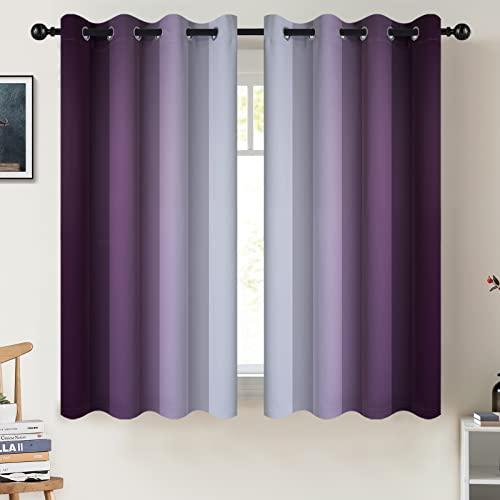 COSVIYA Cortinas degradadas con ojales para oscurecer la habitación, 54 pulgadas de largo, cortinas degradadas de color morado y blanco grisáceo, cortinas térmicas con bloqueo de luz para