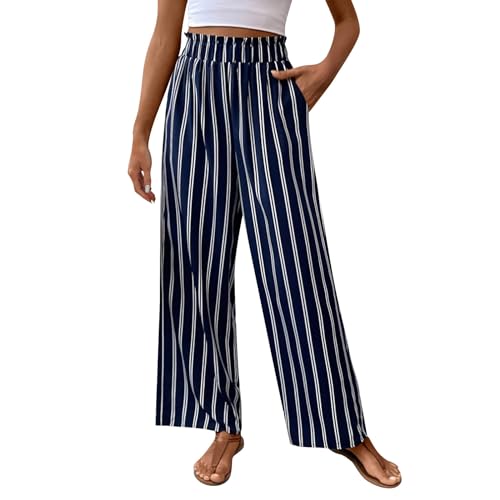 Women's Vintage Striped Print High Elastic Waist Wide Leg Beach Palazzo Pants Pockets Summer Caual Flowy Trousers