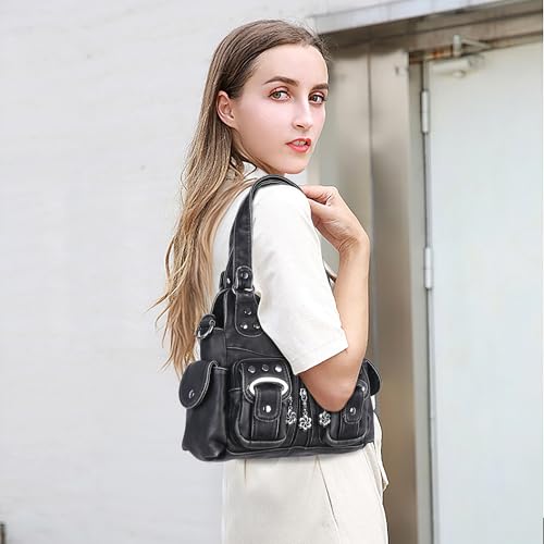 Image of Angel Kiss Small Hobo Purses for Women, Washed Vegan Leather Multi-Pocket Purse, Shoulder Handbag with Adjustable Strap
