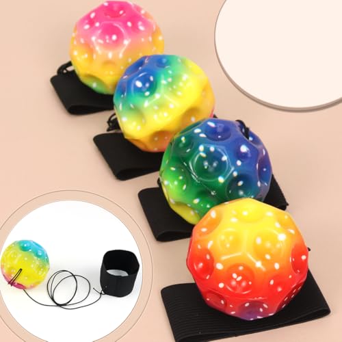 Meleager Space Ball mit Seil, Handgelenkball mit Gummiband, 4 Stück Astronomische Sprungbälle, Mehrfarbig Moon Bouncing Ball, Sportball für Spiele und Training