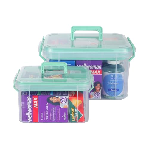 Image of HEY FOLY Set of 2 Medicine Organizer Storage Box with Tray, 15qt+5qt Green Plastic First Aid Box Empty, Thickened Medicine Container Chest, Multipurpose Medical Case with Labels, Green Medicine Caddy