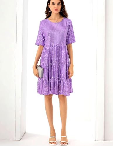 Image of Sequin Babydoll Summer Dress,Sparkly Glitter Dress Short Flowy Tiered Tunic Dress for Women Party Club Night