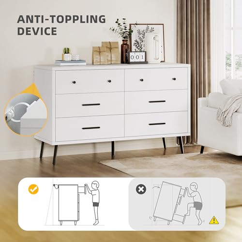 DWVO White 6-Drawer Dresser, Modern Wooden Chest of Drawers with Black Metal Handles & Anti-Tip Safety, Stylish Storage Cabinet for Bedroom, Living Room, Hallway, or Entryway