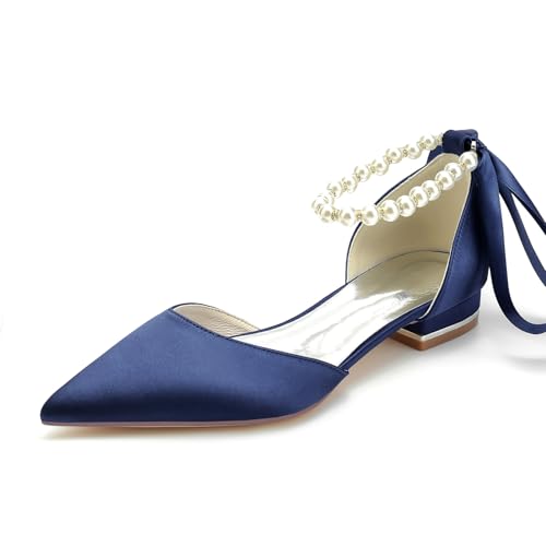 Image of Women's Pointed Toe Pumps Pearl Satin Wedding Shoes for Bride Flats Ankle Strap Bridal Shoes Formal Prom Party Dress Pumps Sandals