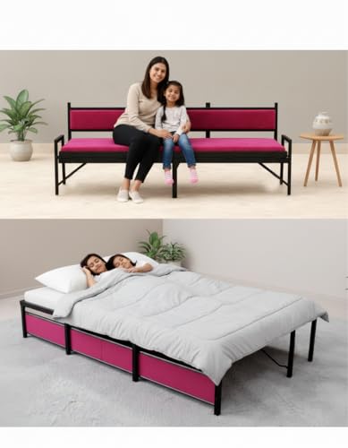Image of Metal Frame Convertible Bed Cum Sofa, Bed(6x4 Feet), Sofa(3 Seater), Pink and Black, Space Saving Furniture | BED CUM SOFA