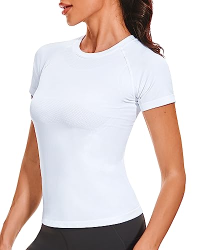 Stelle Women Seamless Workout Tops Short Sleeve Athletic Shirts Breathable Moisture Wicking Tees(Short Sleeve-White,S)
