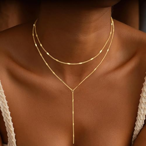 Lariat Gold Necklace for Women, Dainty Long Necklace 14k Gold Plated Y-Shaped Necklace Trendy Layered Bar Paperclip Link Beaded Chain Necklaces Simple Gold Jewelry for Women Gift2