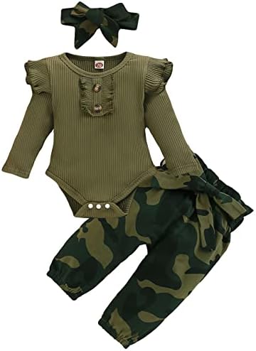 nilikastta 3PCS Newborn Baby Girls Clothes Infant Outfit,Romper Bodysuit Long Sleeve Jumpsuit Ruffled Camouflage Pants (Green,3-6M)