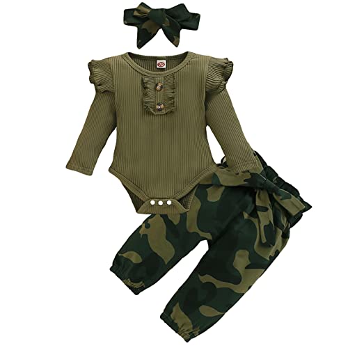 Nilikastta 3Pcs Newborn Baby Girls Clothes Infant Outfit,Romper Bodysuit Long Sleeve Jumpsuit Ruffled Camouflage Pants (Green,3-6M) #TOP9