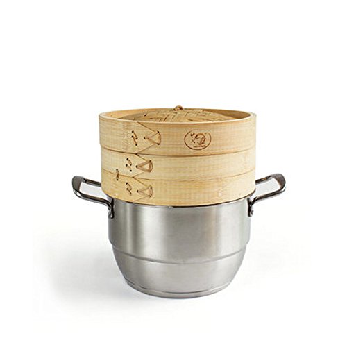 HUANGYIFU 24CM Bamboo Steamer plus Stainless Steel Sauce Pan Set for Family Cooking, Fish Seafood Mantou Dumplings