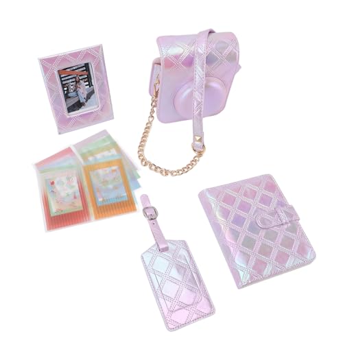 Bolsa de Couro PU Com Design Xadrez Quadrado Bordado, Alça Ajustável, para Mini12, Com álbum de Fotos, Moldura de Foto, Adesivos (Roxo)