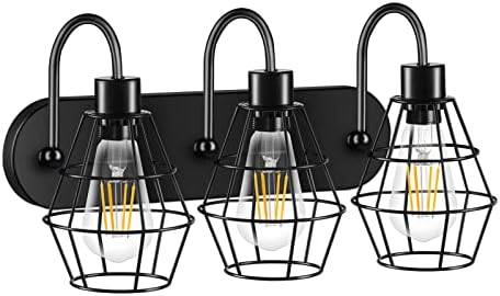 Elibbren Retro Model Industrial Lavatory Self-importance Mild 3 Lights, Elibbren Classic Matte Black Wall Sconce with Caged, E26 Base Farmhouse Lavatory Wall Mild Fixture for Lavatory Self-importance,UL Listed