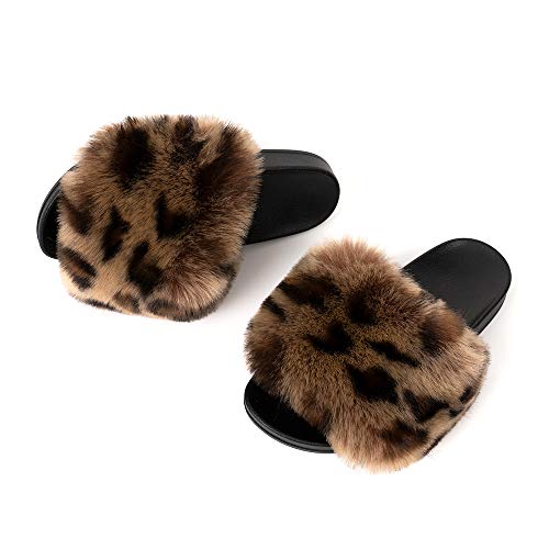 Funkymonkey Women's Slides Faux Fur Cute Slip On Fuzzy Slippers Comfort Flat Sandals (11 M Us, Dm-B/Leopard) #TOP7
