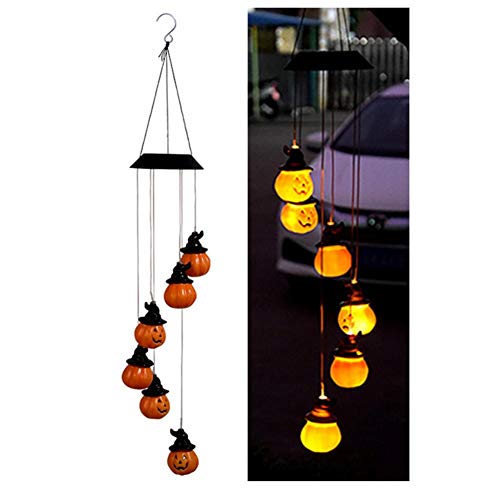 Kindlyperson - Carillón de viento de calabaza, luz solar, impermeable, decoración de Halloween al aire libre con 6 luces LED de calabaza al aire libre