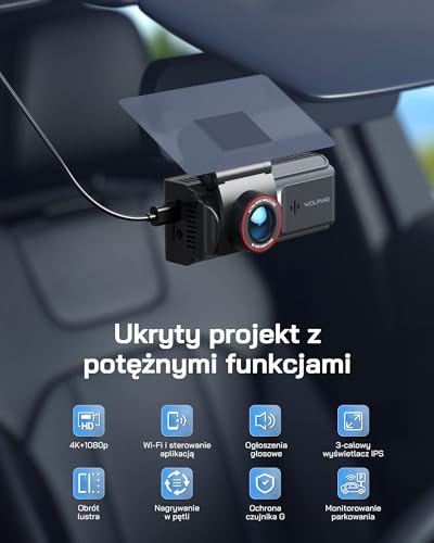 WOLFANG Kamera samochodowa 4K przednia i tylna WiFi Dashcam, podwójna kamera samochodowa z 7.0 cm IPS, super noktowizor, nagrywanie w pętli, czujnik G, szeroki kąt 170, ochrona parkowania, z kartą SD