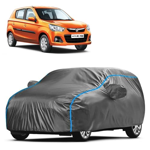 Image of Kerwa Car Body Cover Waterproof Compatible with Maruti Suzuki Alto K10 | Scratch Proof, Anti-Dust, UV Protection | Windproof Buckle Strap | Fitted Bottom Elastic | Side Mirror Pockets-Grey