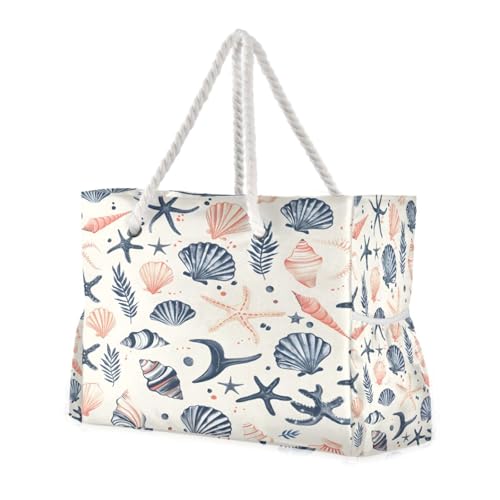 Beach Bag - Large Tote Bags for Women Sea Shells Stars Mollusk Coral Shoulder Bags Zipper Waterproof Sandproof for Travel Gym Swim Daily