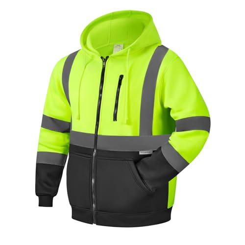 HYCOPROT Hochsichtbarer Sicherheits Hoodie Hi Vis Sweatshirts Fleece Leichte Reflektierende Arbeitsjacke Taschen Sicherheitsmantel mit Reißverschluss mit Kordelzug für Männer und Frauen EN ISO 20471