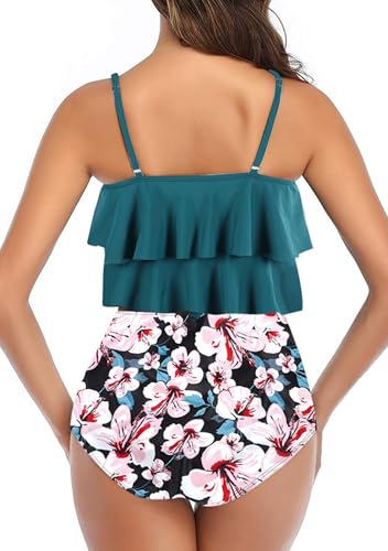 Image of Womens Tankini Swimsuits Ruffled Tank Top Tummy Control Floral Modest Swimwear High Waisted Bikini